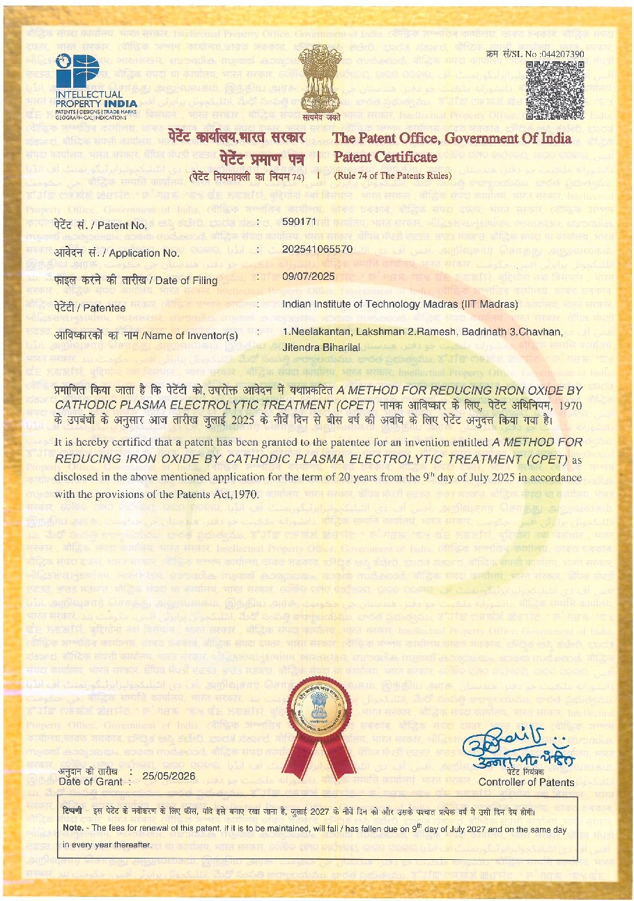 Congratulations to Prof. Lakshman Neelakantan and his team for grant of Indian Patent