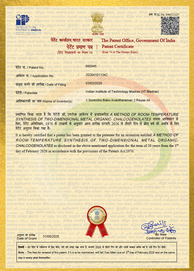 Congratulations to Dr. Surendra Babu Anantharaman and his student for grant of Indian Patent