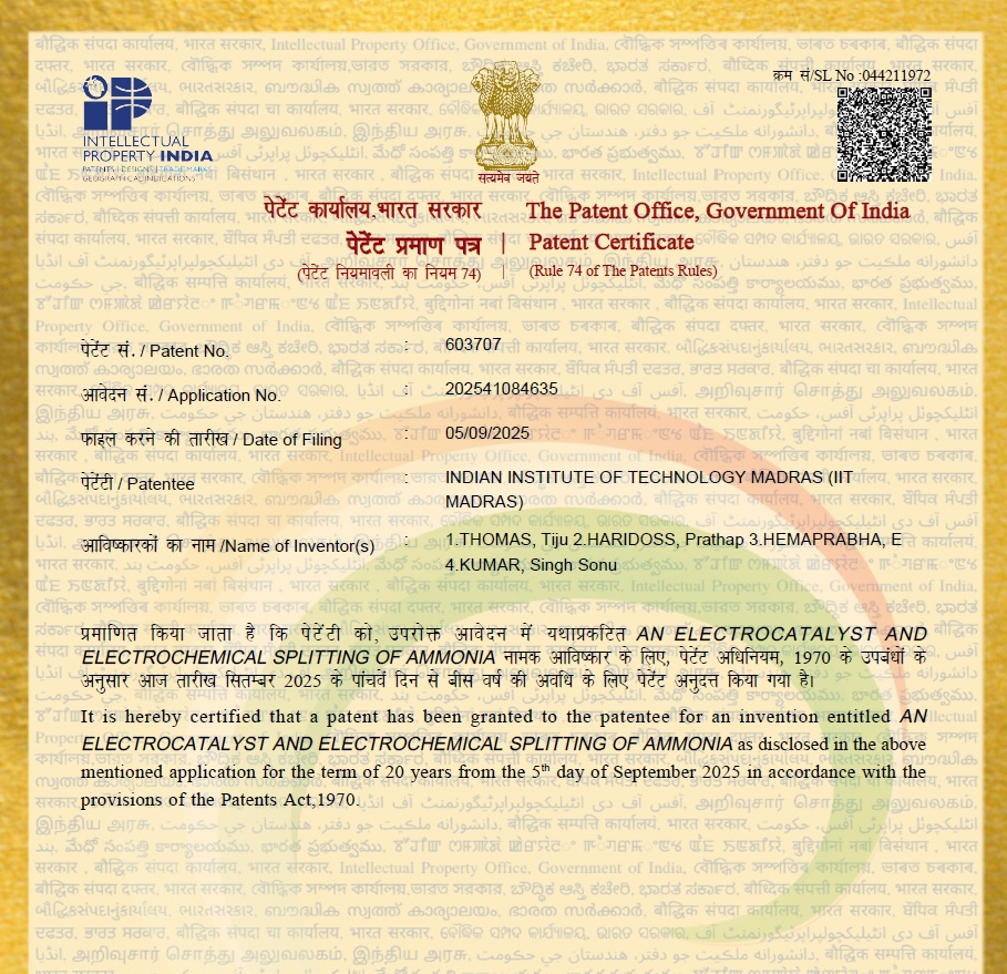 Congratulations to Prof. Tiju Thomas and his team for grant of Indian Patent